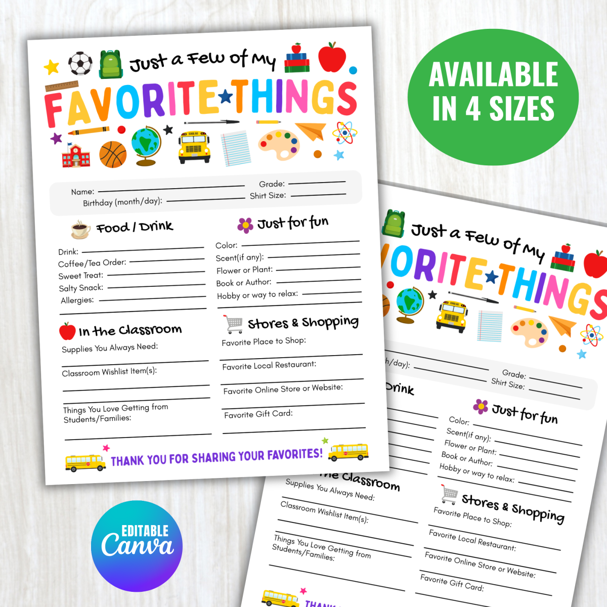 An educational teaching resource from screenzro entitled Editable Teacher Favorite Things Survey - Appreciation Week Gift downloadable at Teach Simple.