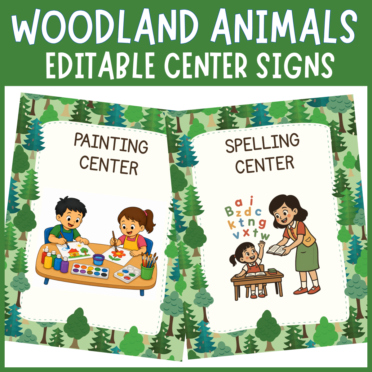 An educational teaching resource from The Clever Llama entitled Editable Woodland animals forest themed center sign classroom decor downloadable at Teach Simple.