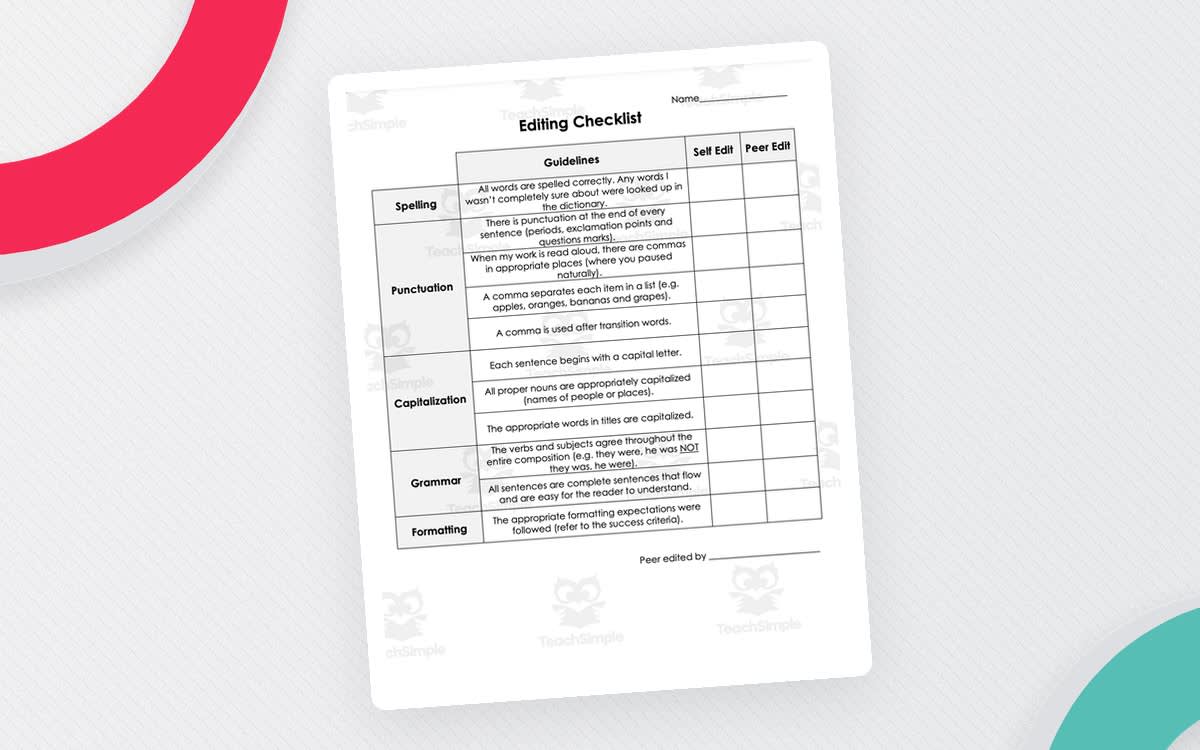 An educational teaching resource from Resource Garden entitled Editing Checklist for Self and Peer downloadable at Teach Simple.
