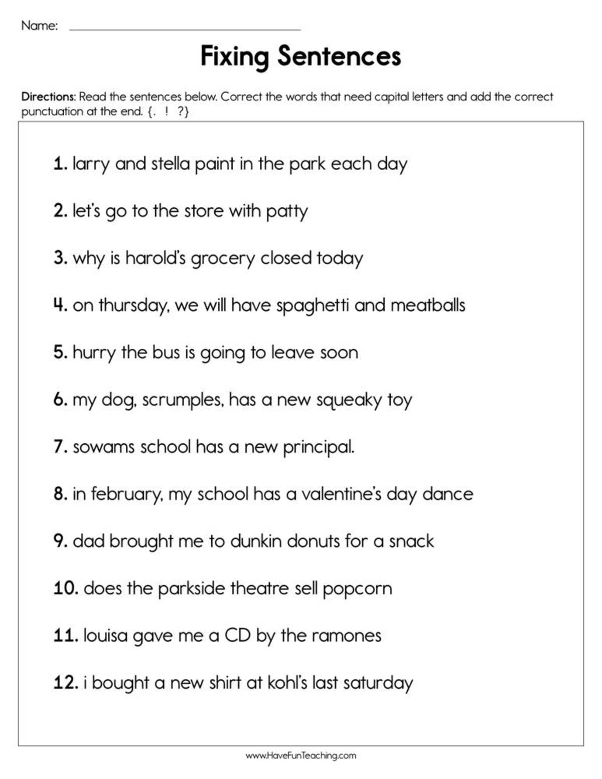 An educational teaching resource from Have Fun Teaching entitled Editing Sentences Worksheet downloadable at Teach Simple.