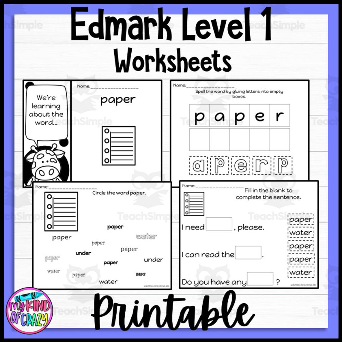 An educational teaching resource from My Kind of Crazy entitled Edmark, Level 1 Set I Printable, Special Ed downloadable at Teach Simple.