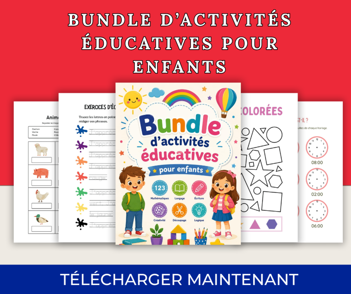 An educational teaching resource from Kindergarten Friends entitled French Educational Activity Bundle for Kids downloadable at Teach Simple.