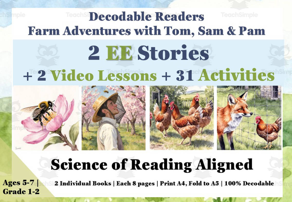 An educational teaching resource from Lilibette's Resources entitled EE: 2 Decodable Reading Books + 2 Video Lessons + 31 Worksheets SOR downloadable at Teach Simple.