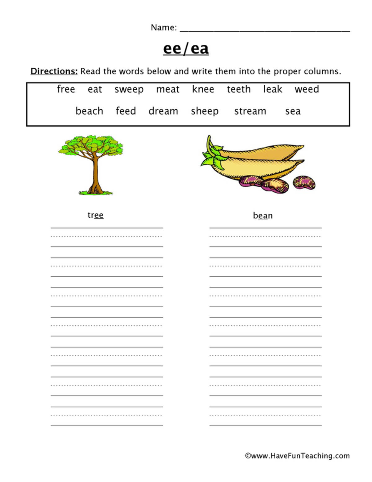 An educational teaching resource from Have Fun Teaching entitled EE EA Vowel Worksheet downloadable at Teach Simple.