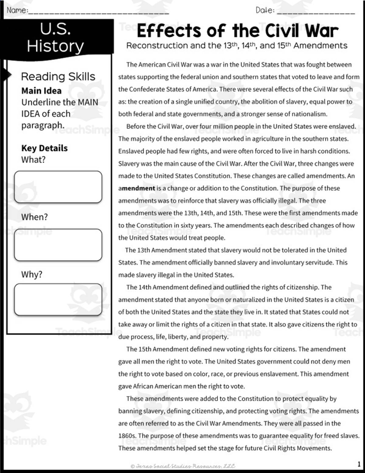 An educational teaching resource from Sarah Miller Tech entitled Effects of the Civil War Reading Packet downloadable at Teach Simple.