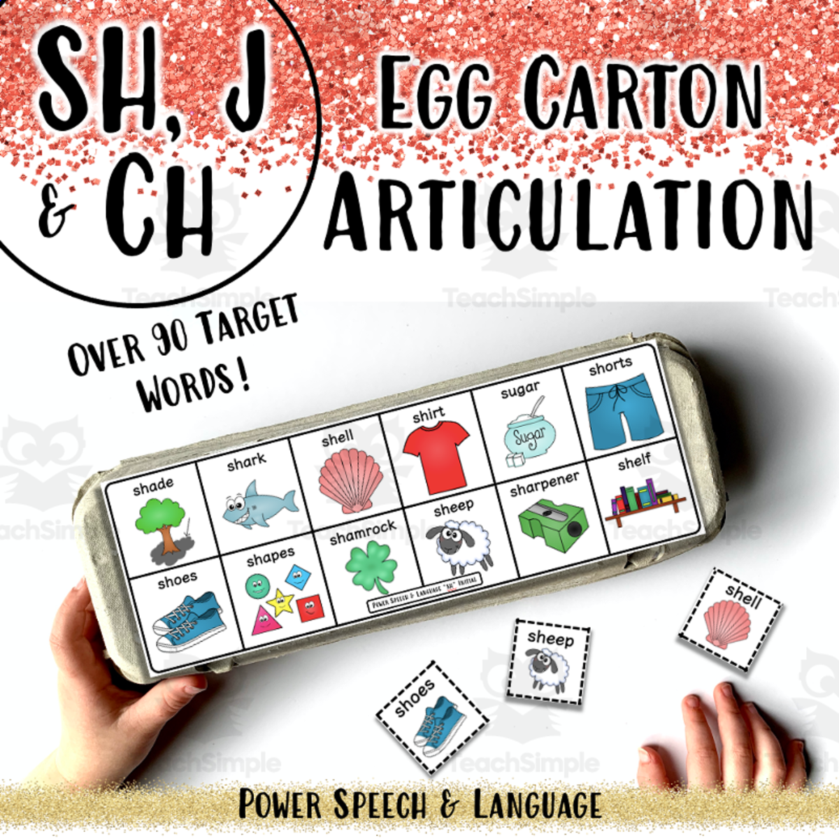 An educational teaching resource from Power Speech and Language entitled Egg Carton Artic, Speech Therapy Activities, Affricates, CH J SH Articulation downloadable at Teach Simple.