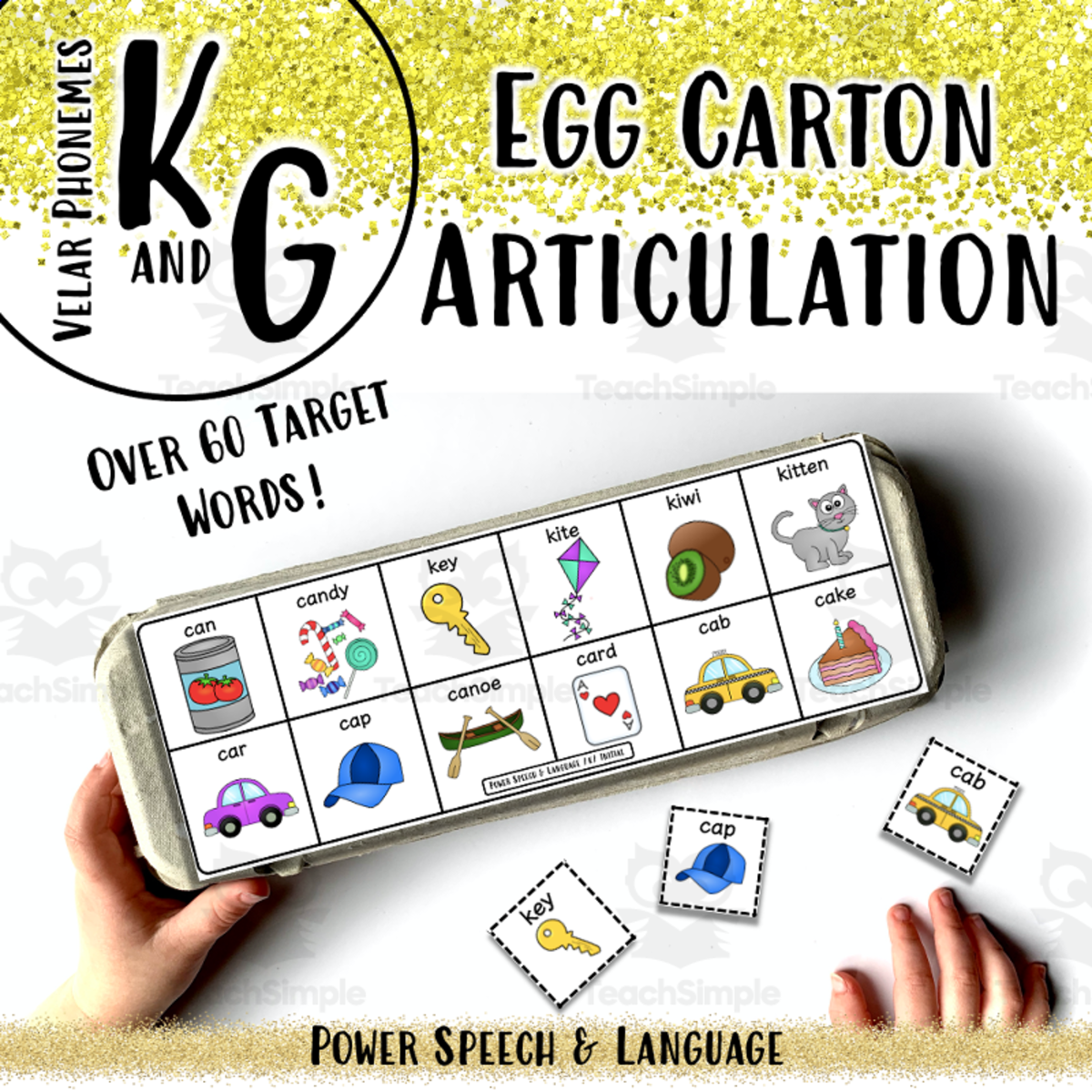 An educational teaching resource from Power Speech and Language entitled Egg Carton Artic, Speech Therapy Activities, Affricates, K and G Articulation downloadable at Teach Simple.