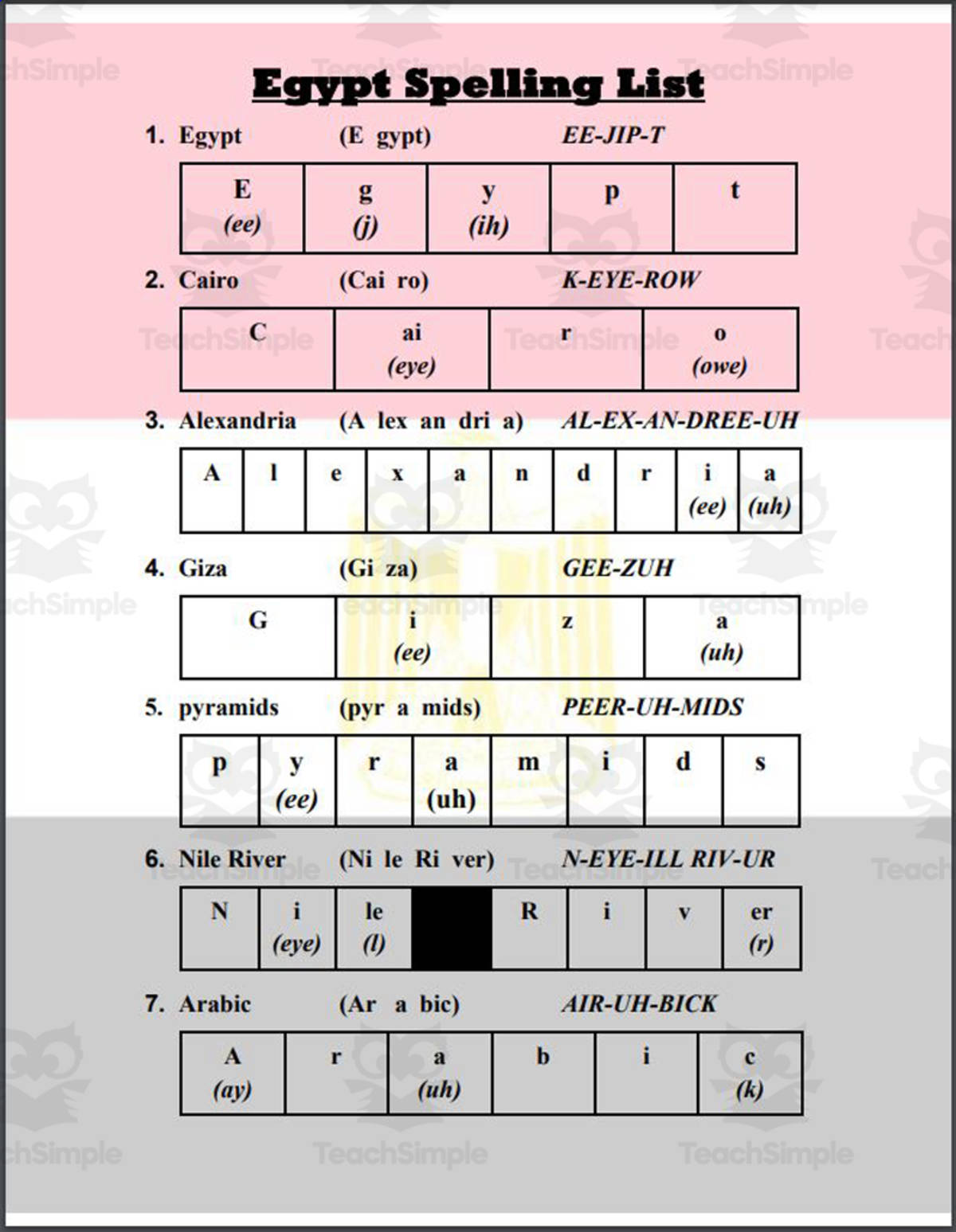 An educational teaching resource from Mr. Matthews Teacher Store entitled Egypt Spelling List downloadable at Teach Simple.