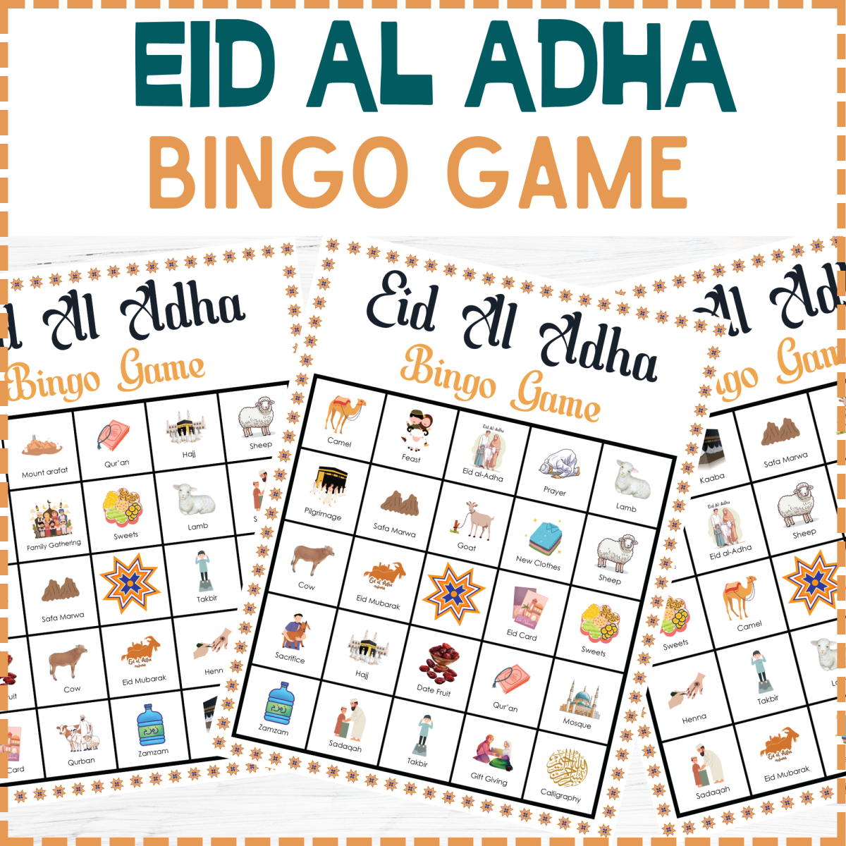 An educational teaching resource from Perfect_Printables entitled Eid Al Adha Bingo Game | Hajj Activity, Eid Al Adha Game for Kids downloadable at Teach Simple.