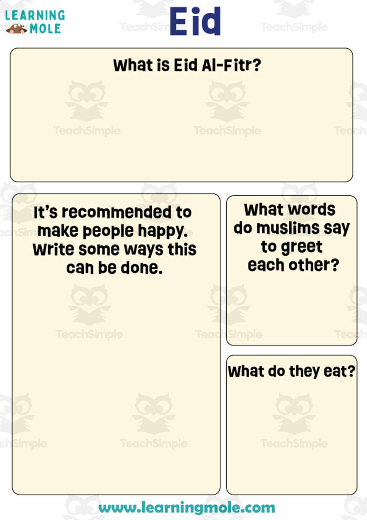 An educational teaching resource from Educational Voice entitled Eid Al Fitr Activity downloadable at Teach Simple.