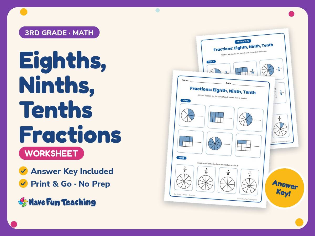 Eighths, Ninths, Tenths Fractions Worksheet – 3rd Grade Math Practice preview