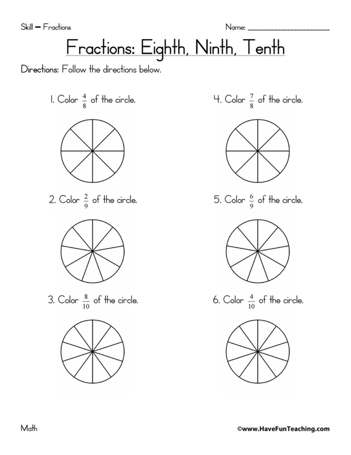An educational teaching resource from Have Fun Teaching entitled Eighths, Ninths, Tenths Fractions Worksheet downloadable at Teach Simple.