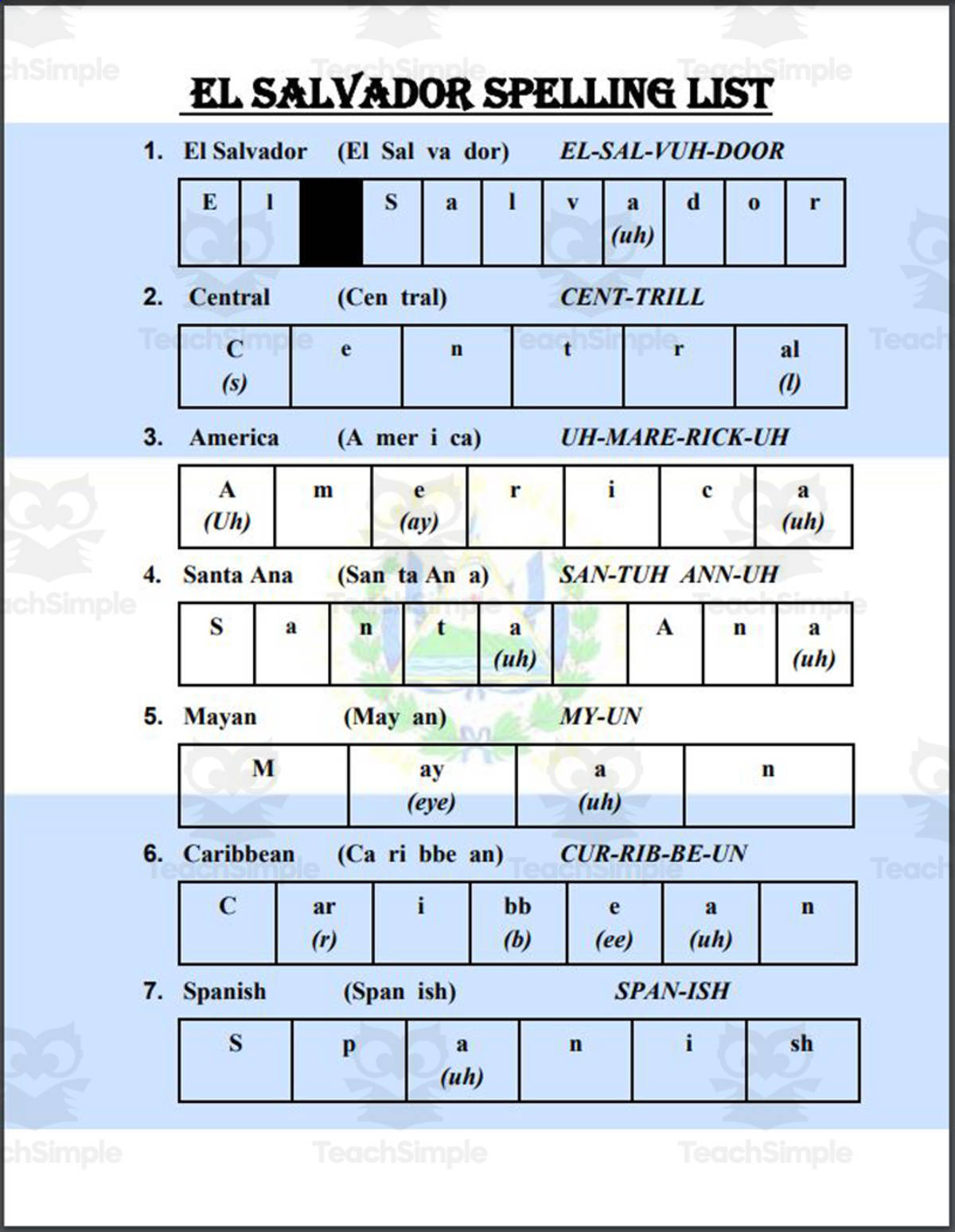 An educational teaching resource from Mr. Matthews Teacher Store entitled El Salvador Spelling List downloadable at Teach Simple.