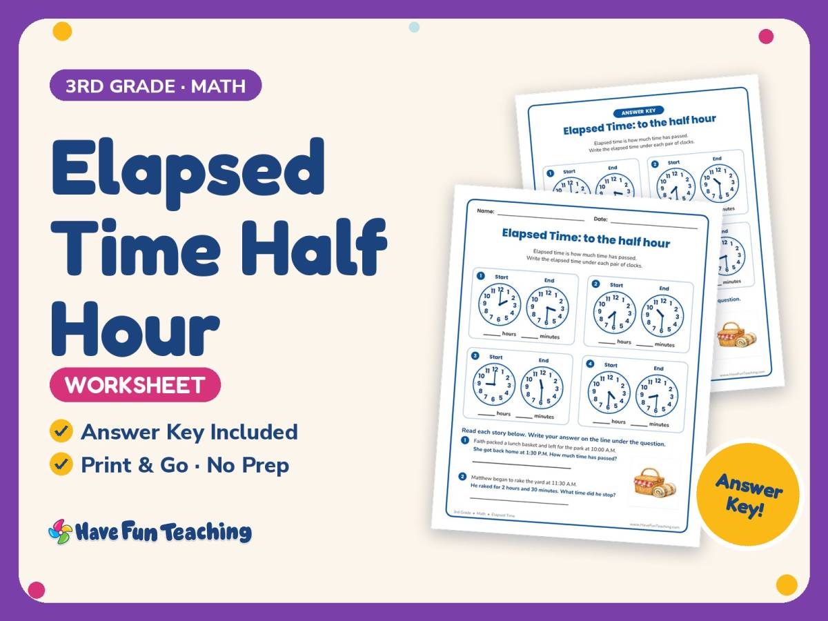 Elapsed Time Half Hour Worksheet – 3rd Grade Telling Time Practice preview