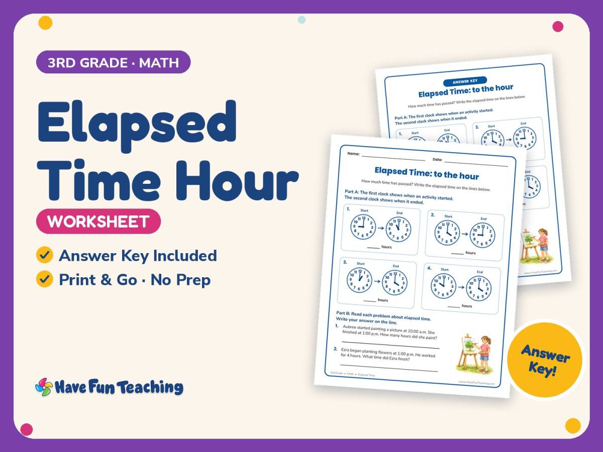 Elapsed Time Hour Worksheet – 3rd Grade Telling Time Practice preview
