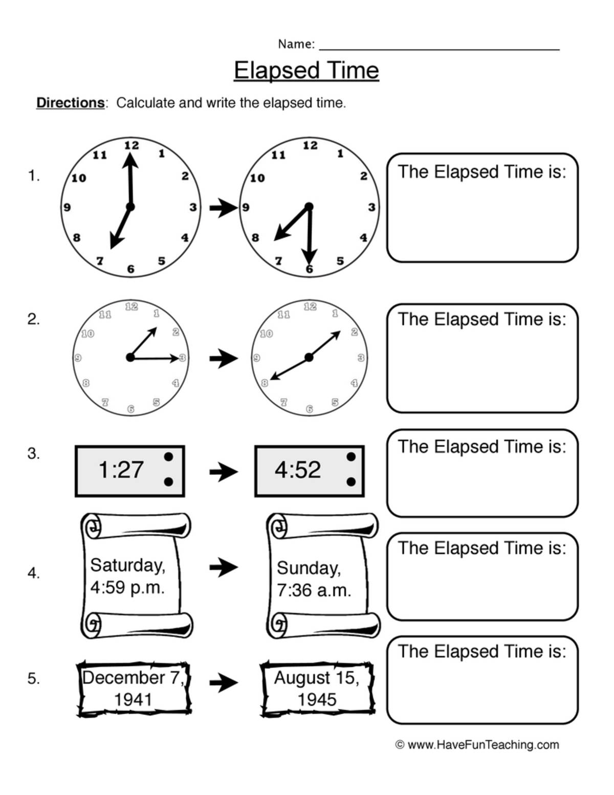 An educational teaching resource from Have Fun Teaching entitled Elapsed Time Mixed Review Worksheet downloadable at Teach Simple.
