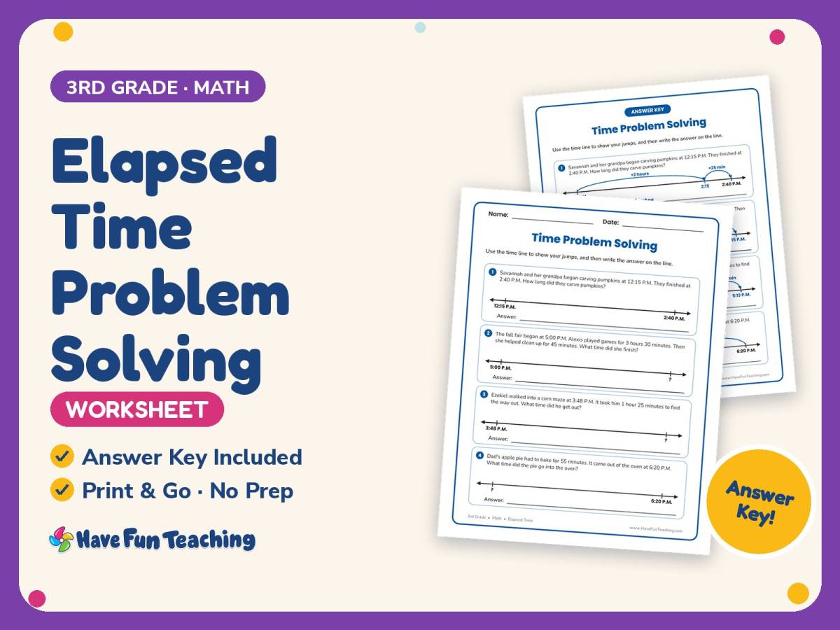 Elapsed Time Problem Solving Worksheet – 3rd Grade Clocks Practice preview