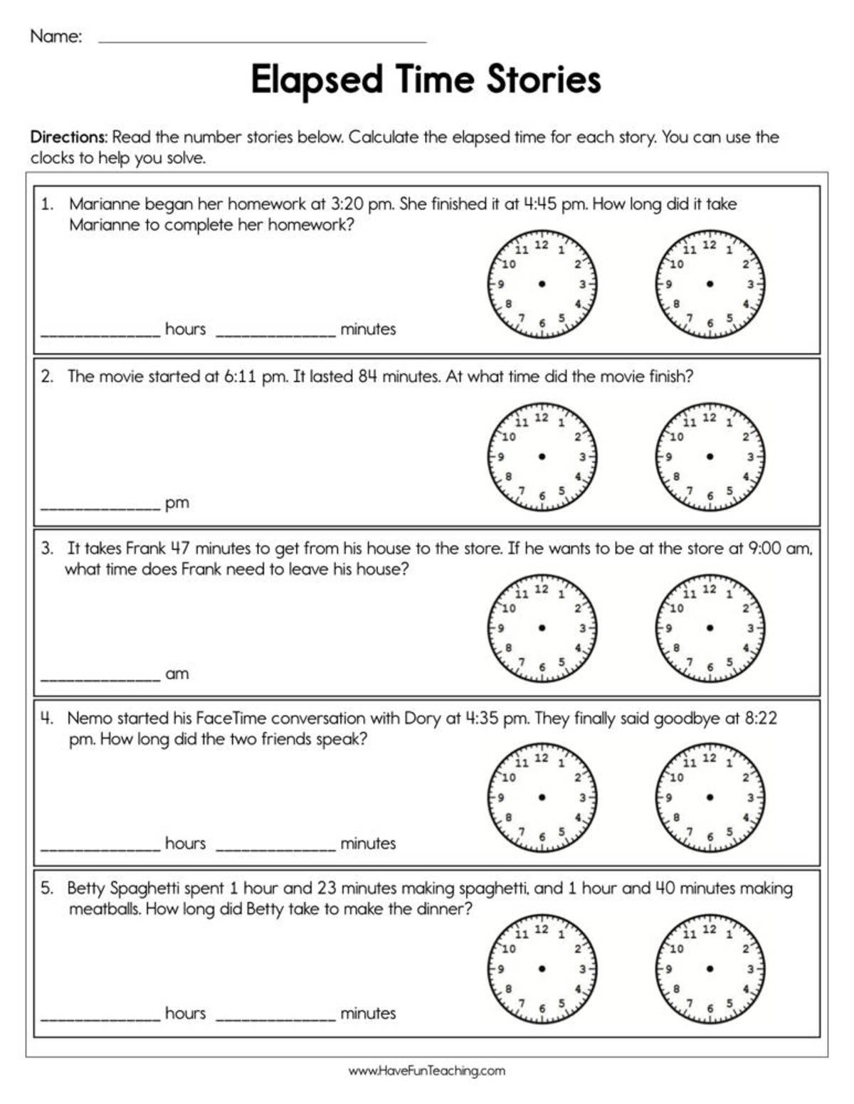 An educational teaching resource from Have Fun Teaching entitled Elapsed Time Stories Worksheet downloadable at Teach Simple.