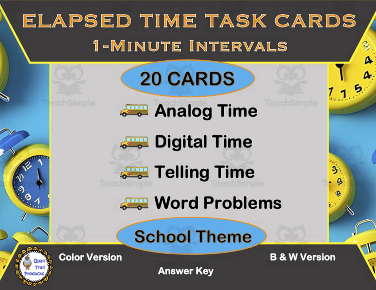 An educational teaching resource from Quail Trail Products entitled Elapsed Time to the Nearest 1 Minute Task Cards downloadable at Teach Simple.