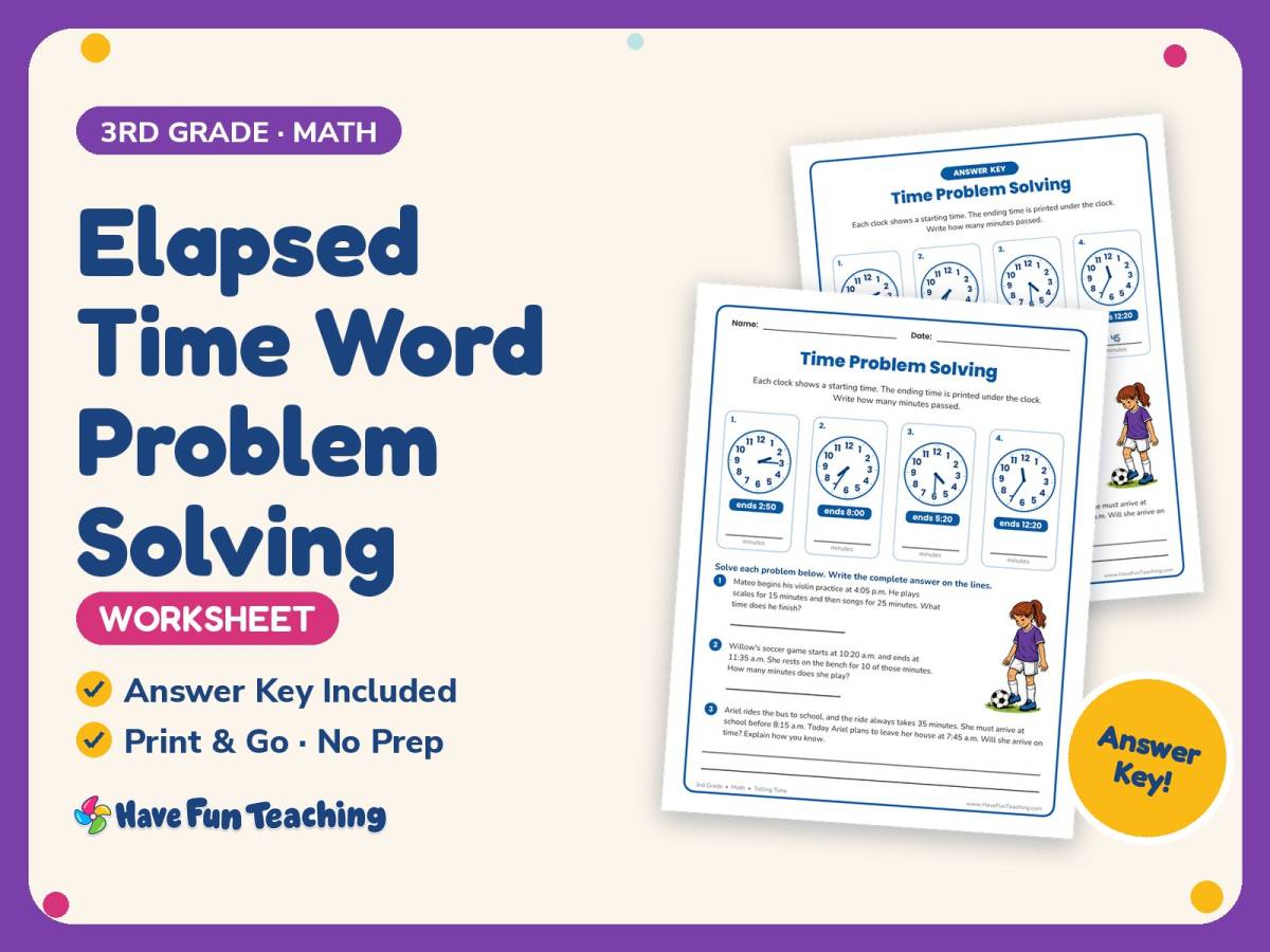 Elapsed Time Word Problem Solving Worksheet – 3rd Grade Clocks preview