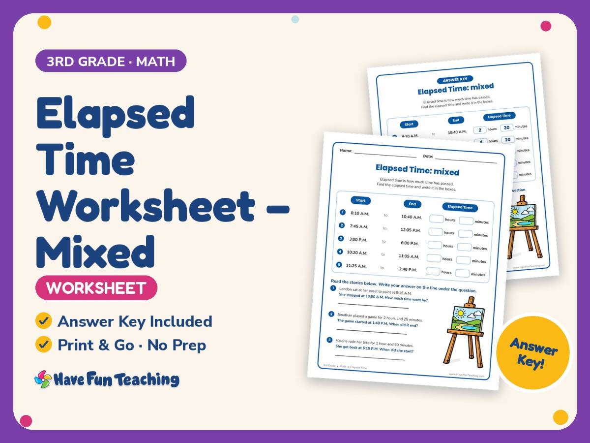Elapsed Time Worksheet – Mixed – 3rd Grade Telling Time Practice preview