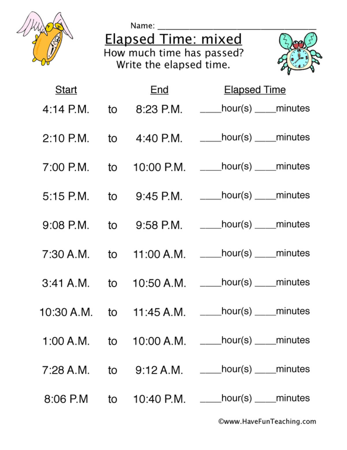 An educational teaching resource from Have Fun Teaching entitled Elapsed Time Worksheet - Mixed downloadable at Teach Simple.