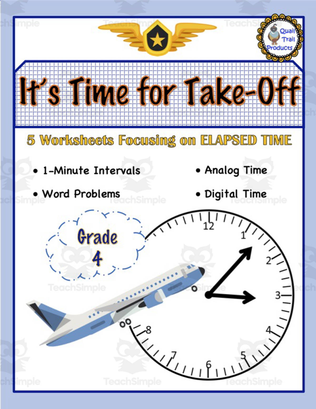 An educational teaching resource from Quail Trail Products entitled Elapsed Time Worksheets-Airplane Theme downloadable at Teach Simple.