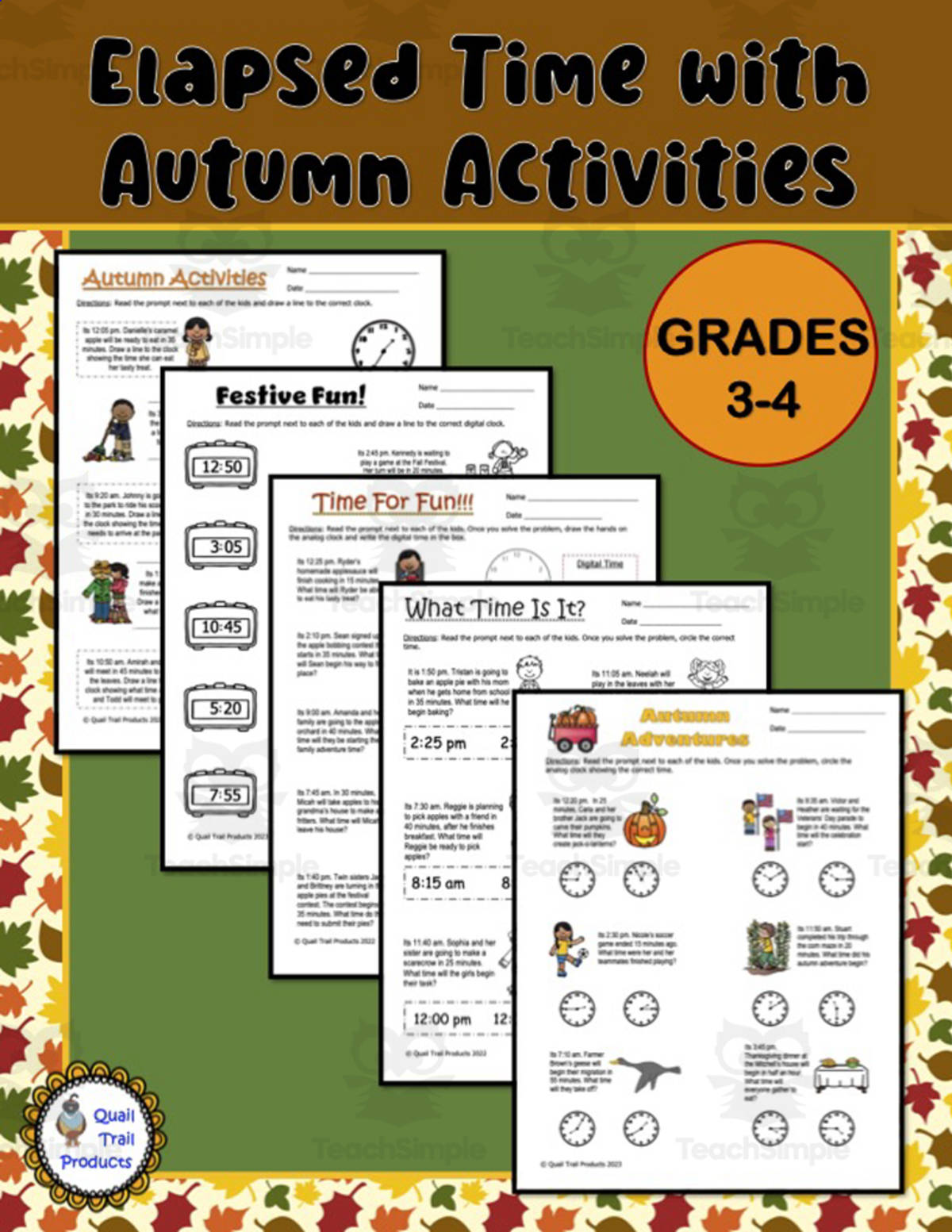 An educational teaching resource from Quail Trail Products entitled Elapsed Time Worksheets - Autumn downloadable at Teach Simple.