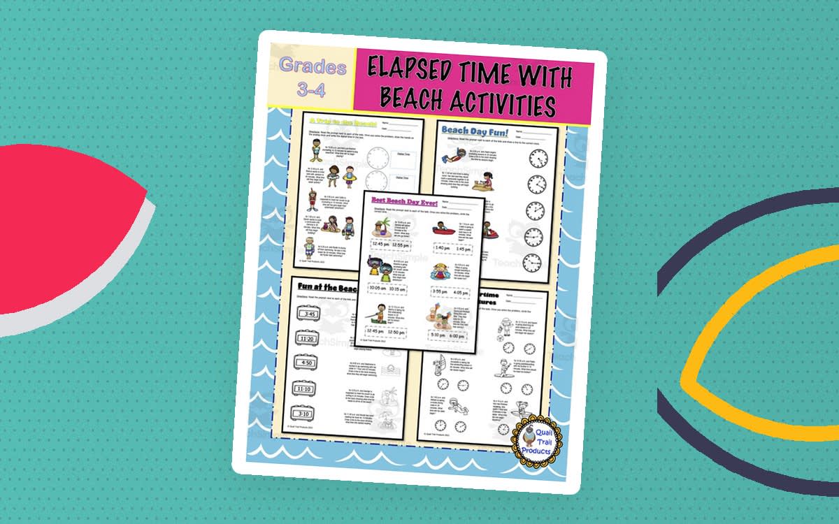 An educational teaching resource from Quail Trail Products entitled Elapsed Time Worksheets - Time for the Beach! downloadable at Teach Simple.