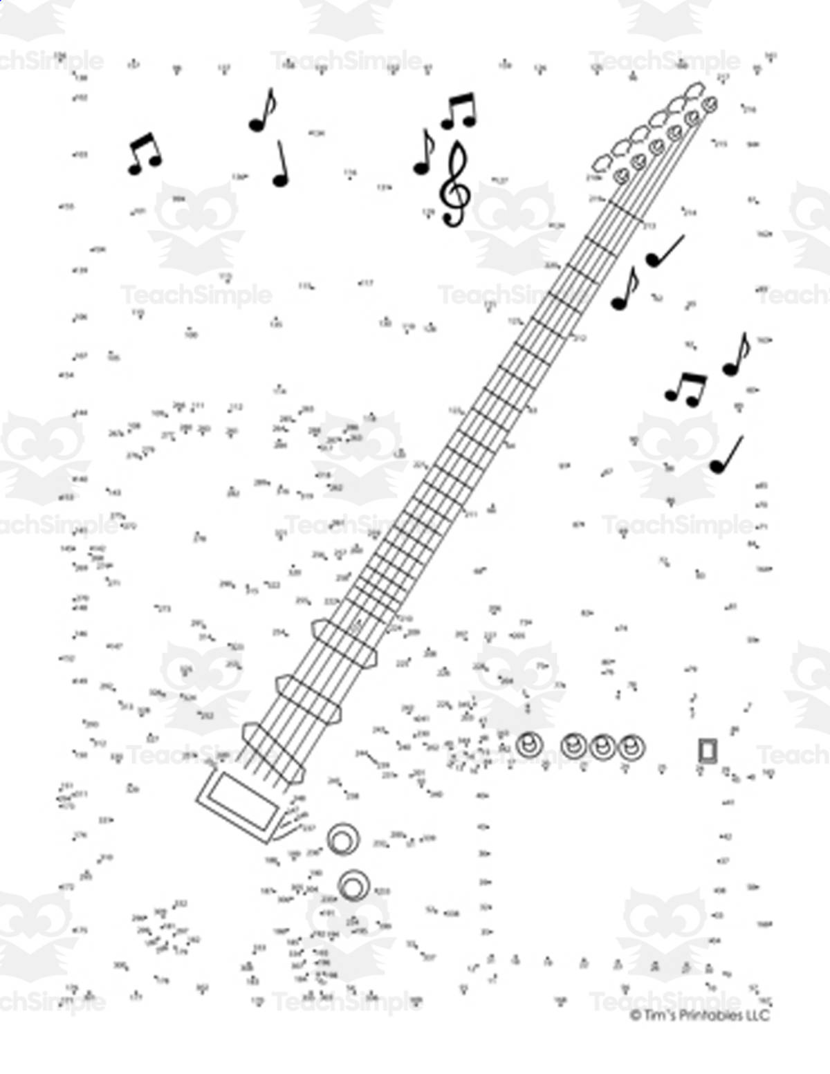 An educational teaching resource from Tim's Printables entitled Electric Guitar Extreme Difficulty Dot-to-Dot PDF downloadable at Teach Simple.