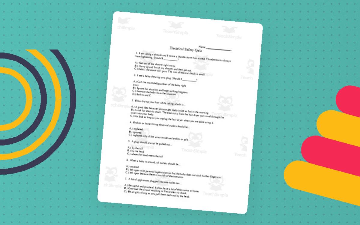 An educational teaching resource from Easy As ABC entitled Electrical Safety Quiz / Assessment and Answer Sheet (for the lesson on Electrical Safety) downloadable at Teach Simple.