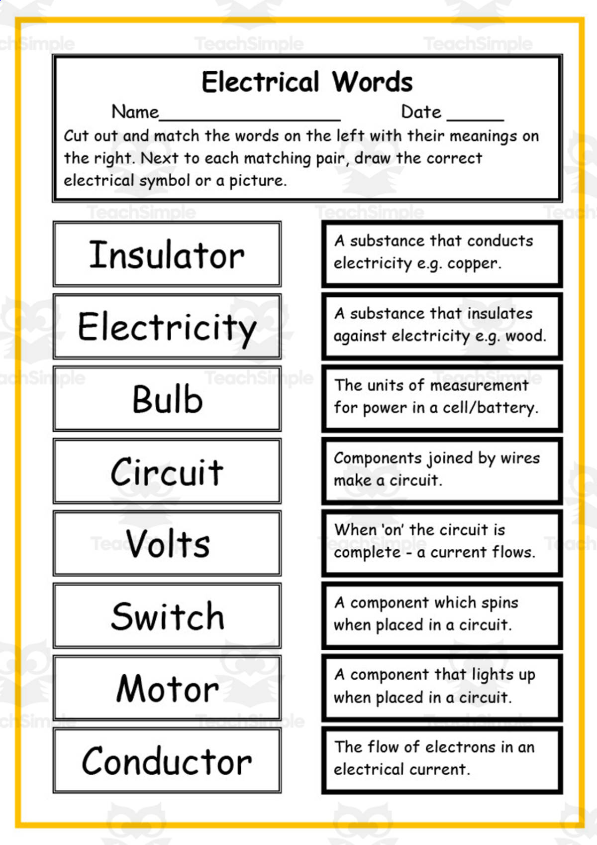 An educational teaching resource from Elementary Resources 4 U entitled Electrical Words and Symbols Worksheet downloadable at Teach Simple.