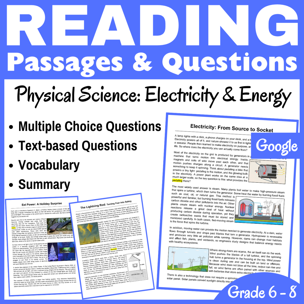 An educational teaching resource from CORED Education - Middle & High School entitled Electricity & Energy: Physical Science Reading Comprehension (Google) downloadable at Teach Simple.