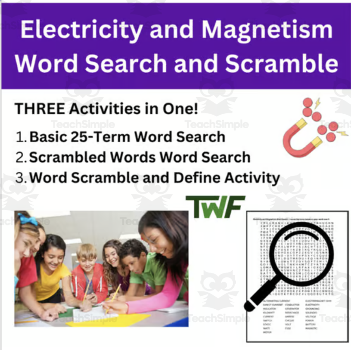 An educational teaching resource from Teach With Fergy entitled Electricity and Magnetism Word Search and Scramble Review Activity downloadable at Teach Simple.