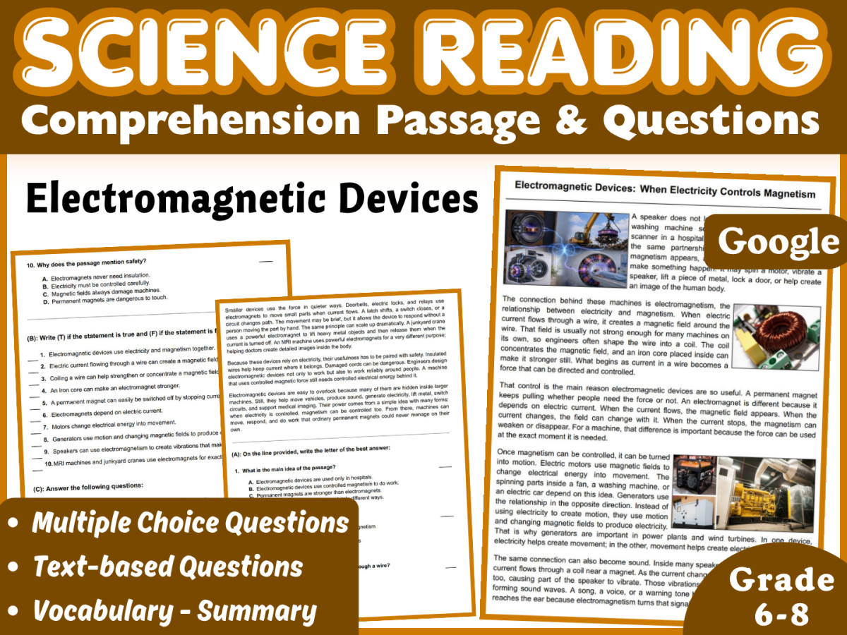 An educational teaching resource from Middle & High School - CORED Education entitled Electromagnetic Devices: Physical Science Reading Comprehension (Docs) downloadable at Teach Simple.