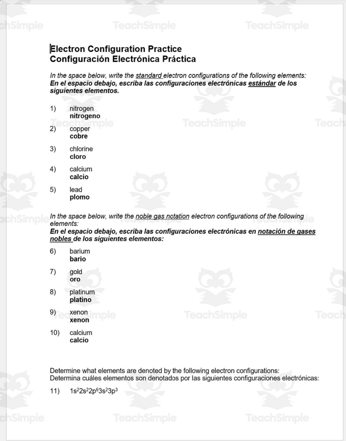 An educational teaching resource from Schrim's Chem entitled Electron Configuration - ESL Spanish Version downloadable at Teach Simple.