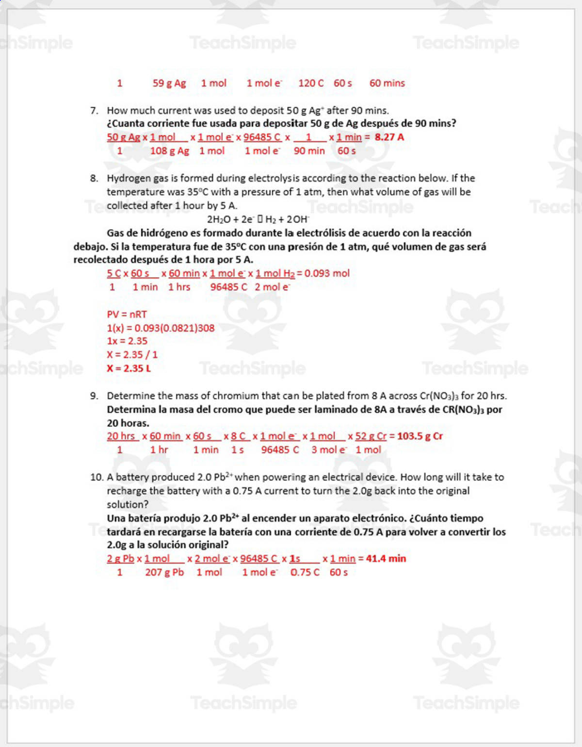 An educational teaching resource from Schrim's Chem entitled Electroplating and Electrolysis Practice -  Práctica de Galvanoplastia y Electrólosis - ESL Spanish Version downloadable at Teach Simple.