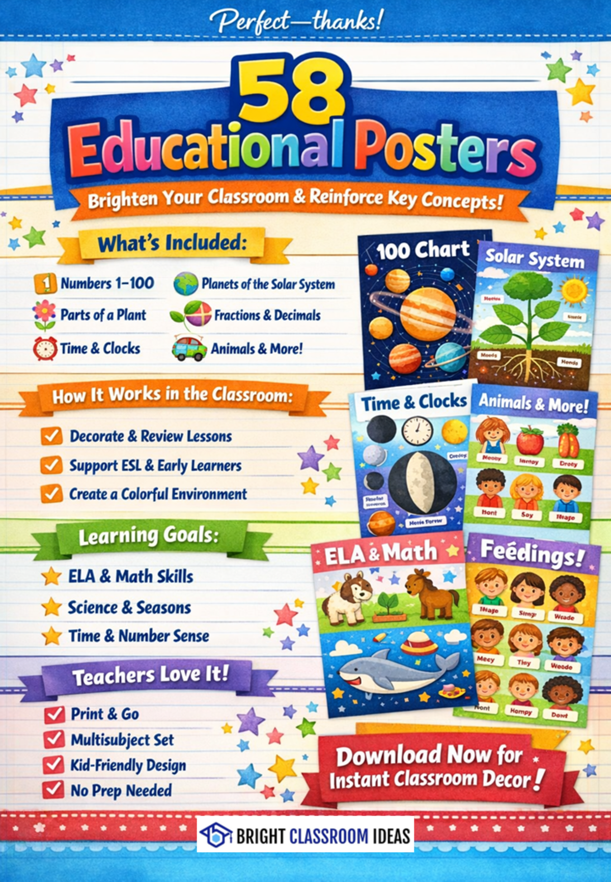An educational teaching resource from Bright Classroom Ideas Marketplace entitled Elementary Classroom Decor | 58 Educational Posters for Math & ELA downloadable at Teach Simple.