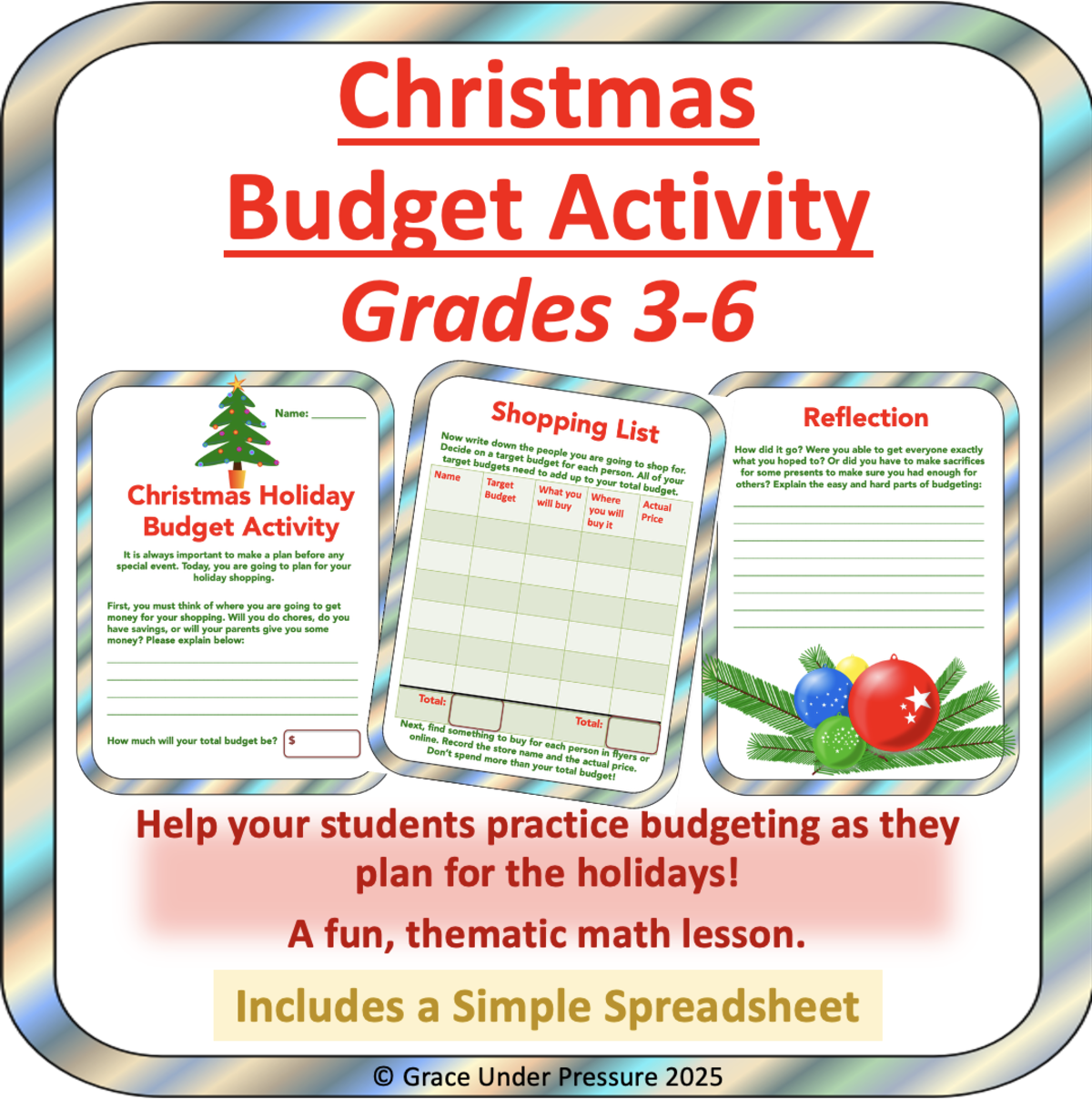 An educational teaching resource from Grace Under Pressure entitled Elementary Financial Literacy: Christmas Holiday Budget Project downloadable at Teach Simple.