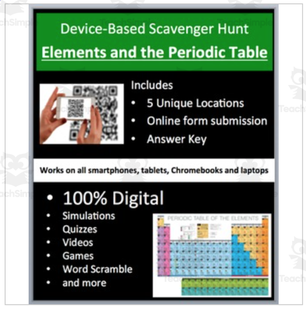 An educational teaching resource from Teach With Fergy entitled Elements and the Periodic Table - Device-Based Scavenger Hunt Activity downloadable at Teach Simple.