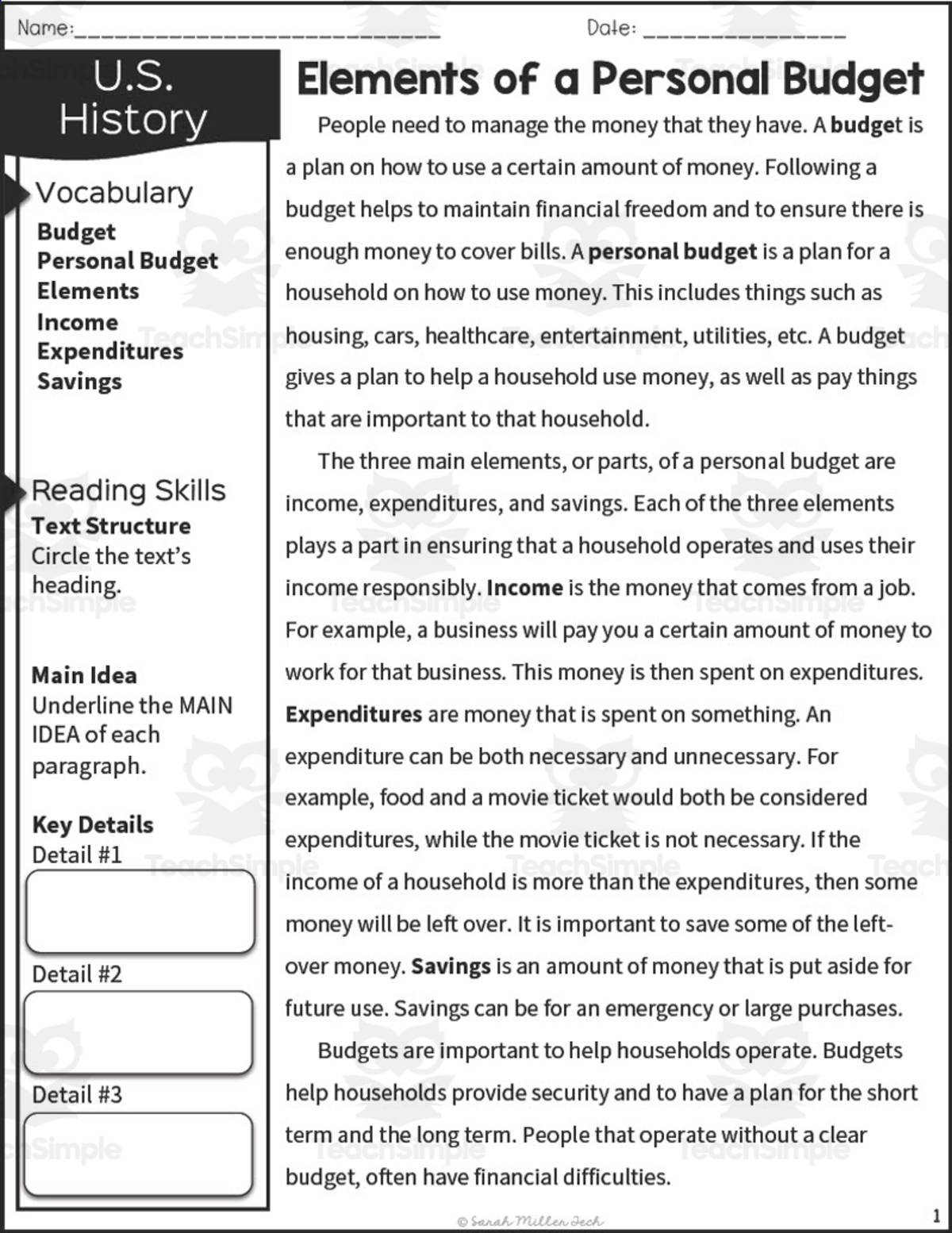 An educational teaching resource from Sarah Miller Tech entitled Elements of a Personal Budget 5th Grade Reading Packet downloadable at Teach Simple.
