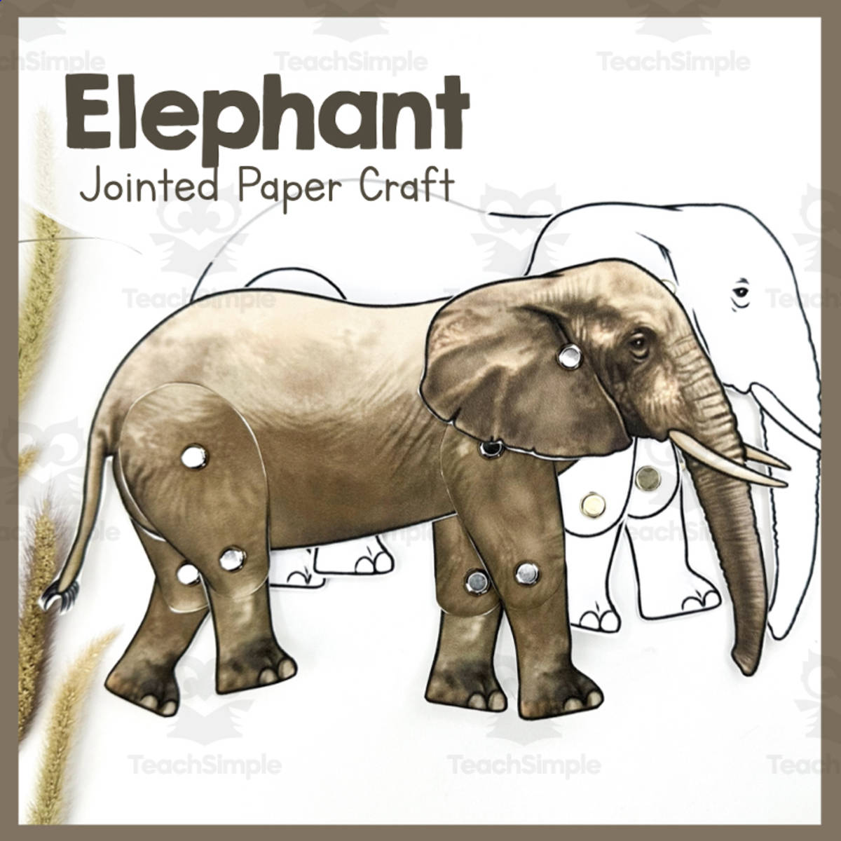 An educational teaching resource from Simply Schoolgirl entitled Elephant | Jointed Animal Craft | Articulated Craft downloadable at Teach Simple.