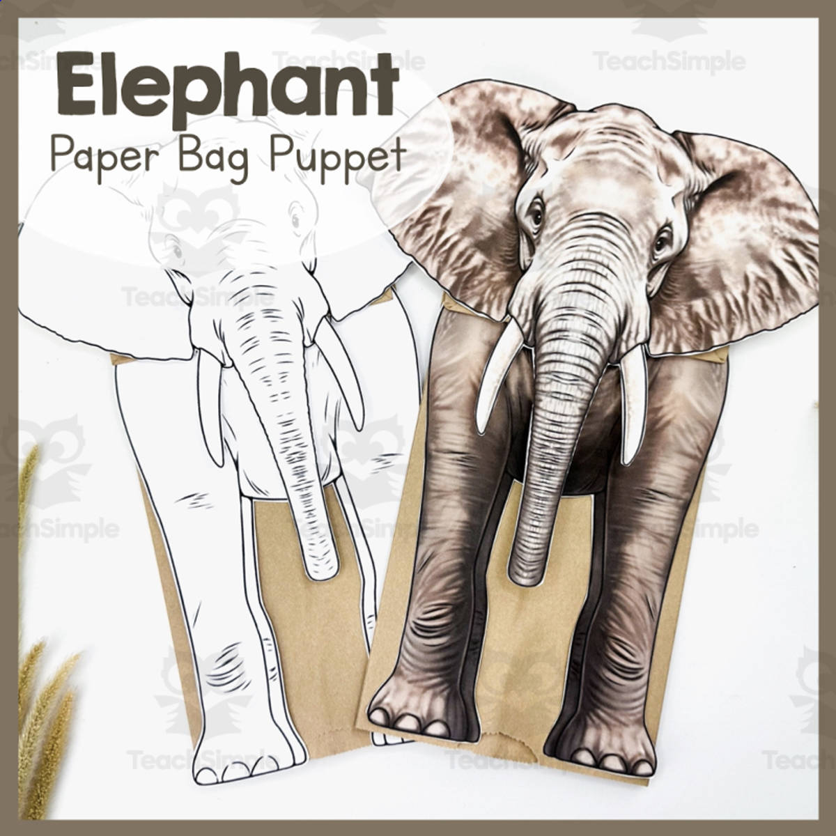 An educational teaching resource from Simply Schoolgirl entitled Elephant | Paper Bag Puppet | Printable Craft downloadable at Teach Simple.