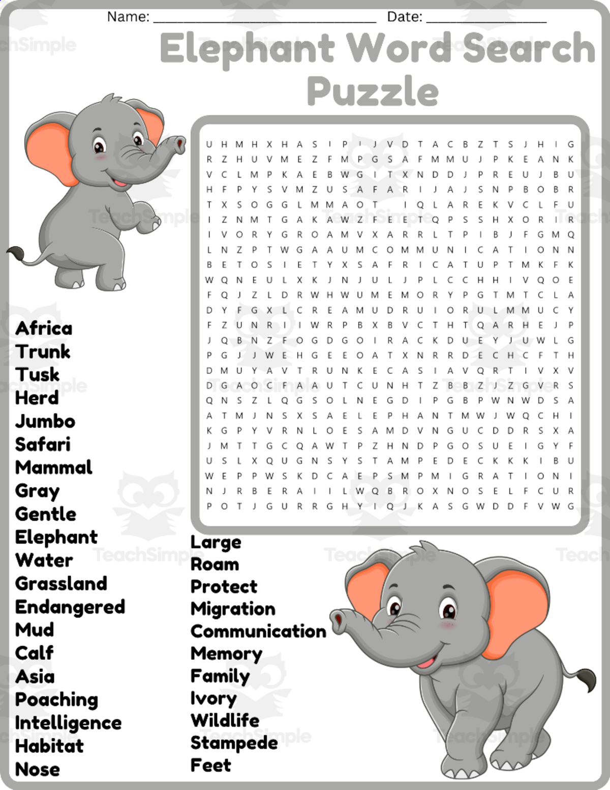 An educational teaching resource from space shope entitled Elephant Word Search Puzzle Worksheet Activities (1st, 2nd, 3rd & 4th downloadable at Teach Simple.