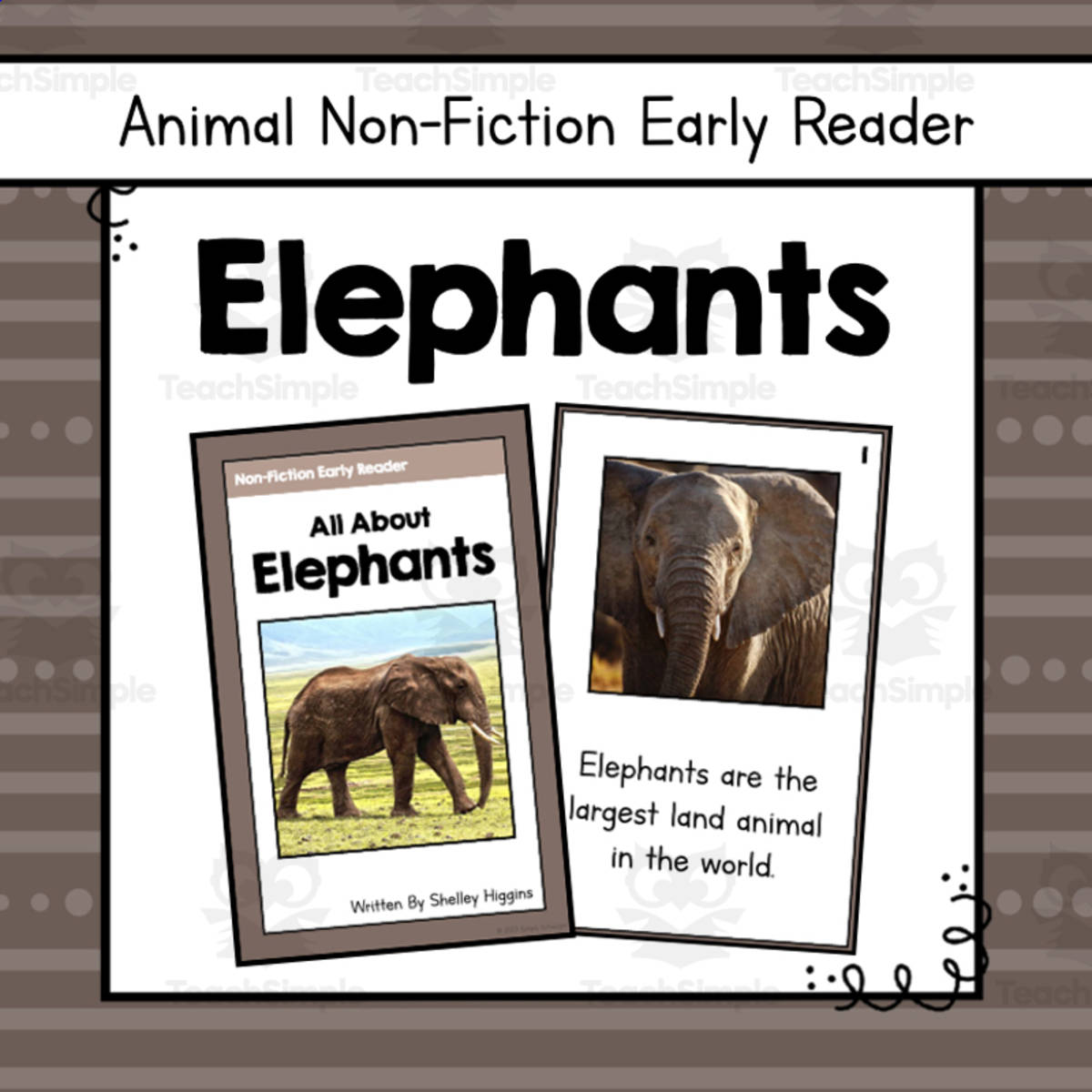 An educational teaching resource from Simply Schoolgirl entitled Elephants Informational Book | Nonfiction Early Reader Animal Booklet downloadable at Teach Simple.