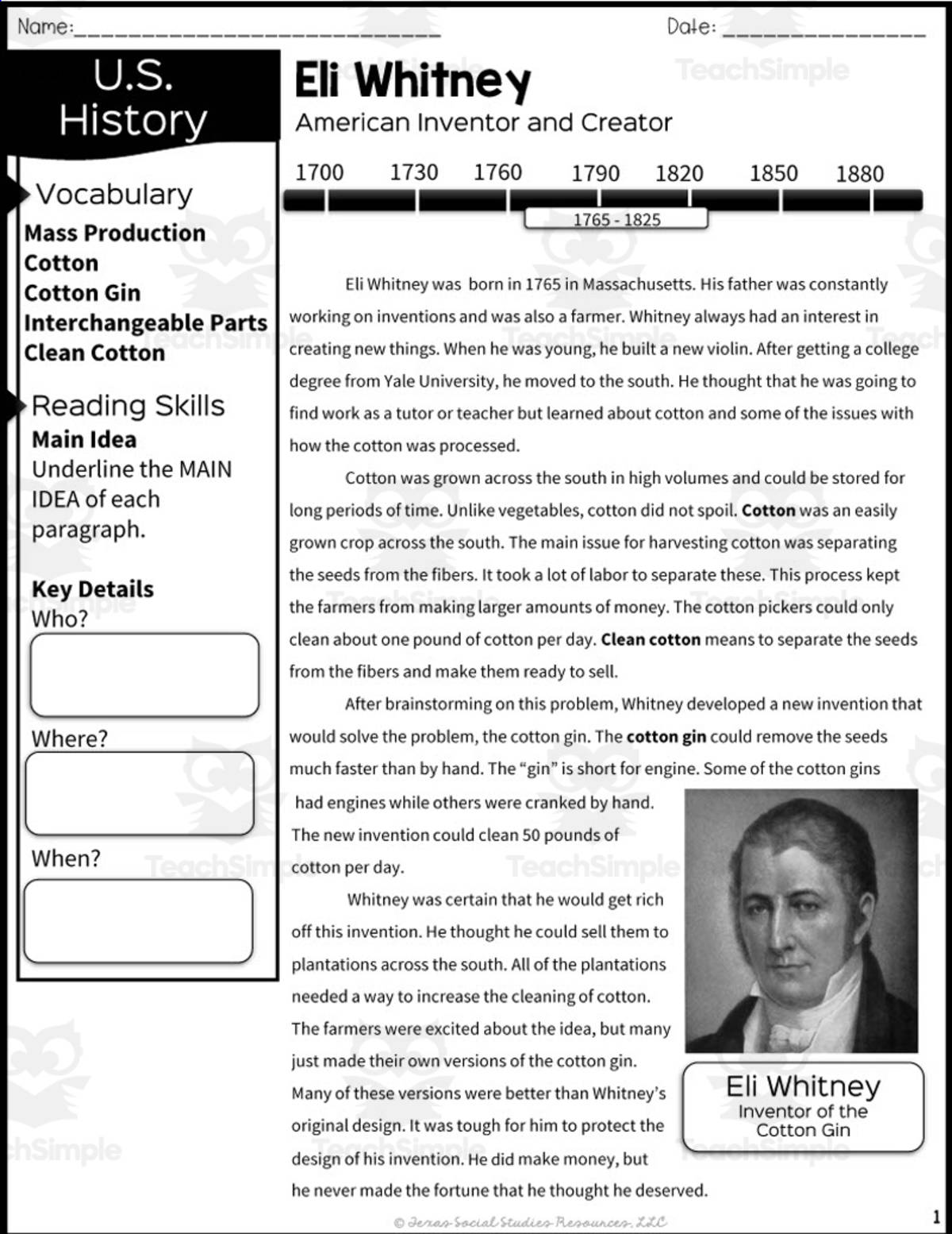 An educational teaching resource from Sarah Miller Tech entitled Eli Whitney Reading Packet downloadable at Teach Simple.