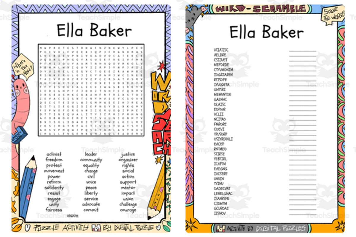 An educational teaching resource from Lapiiin Art Activities entitled Ella Baker word search & scramble downloadable at Teach Simple.