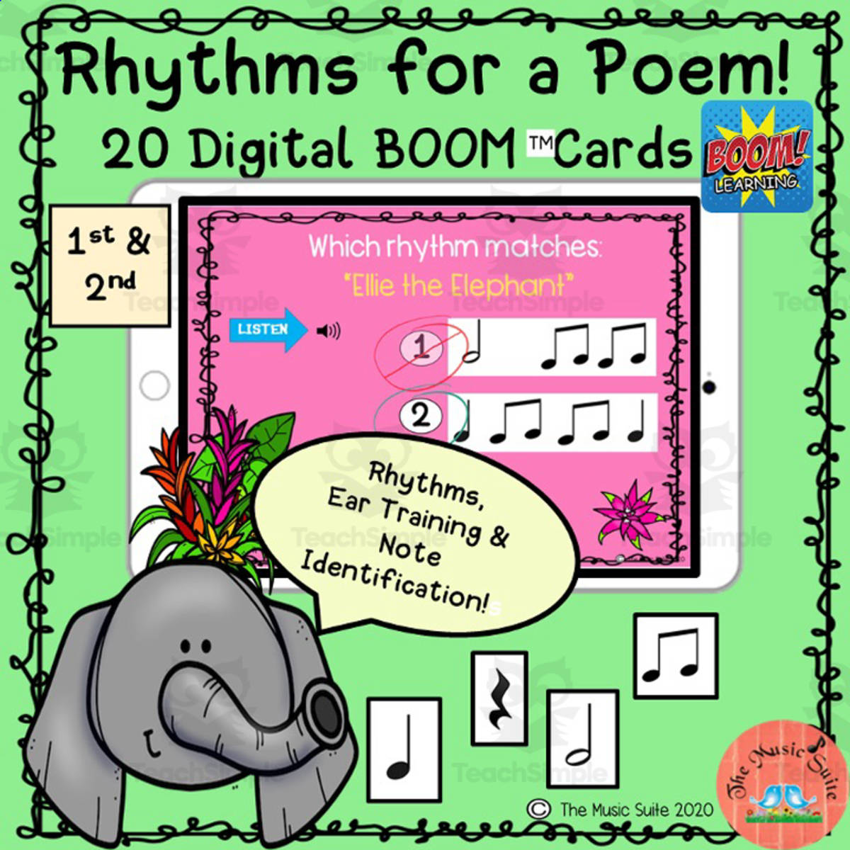 An educational teaching resource from The Music Suite entitled Ellie the Elephant Rhythm Boom Cards downloadable at Teach Simple.