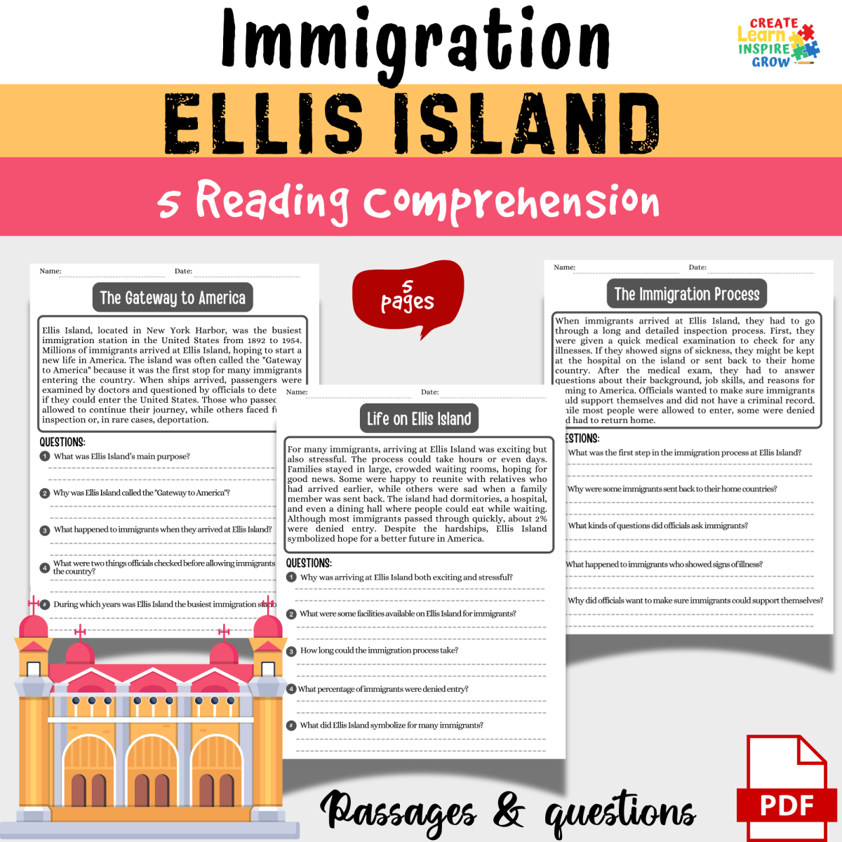 An educational teaching resource from Sadigitalart entitled Ellis Island Reading Comprehension passage & Question Worksheet | Immi downloadable at Teach Simple.