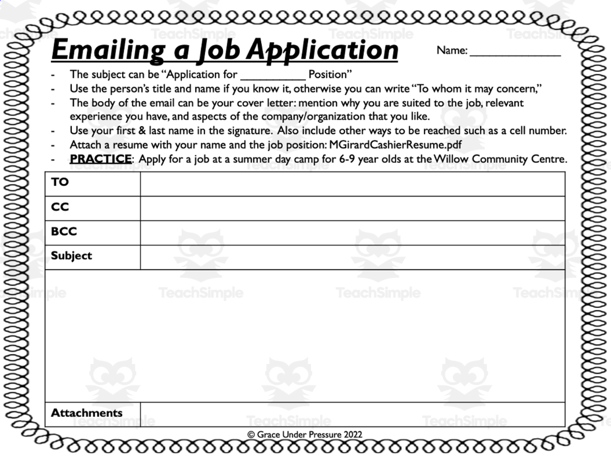 An educational teaching resource from Grace Under Pressure entitled Email a Job Application: Letter Writing and Life Skills downloadable at Teach Simple.